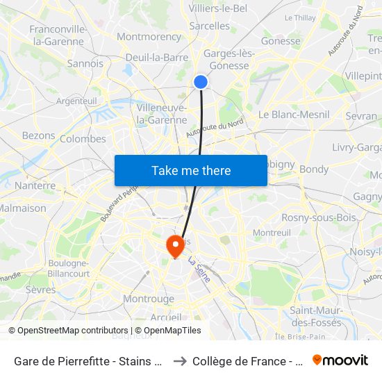 Gare de Pierrefitte - Stains RER to Collège de France - Psl map