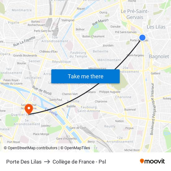 Porte Des Lilas to Collège de France - Psl map
