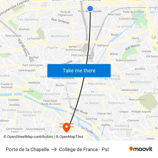 Porte de la Chapelle to Collège de France - Psl map