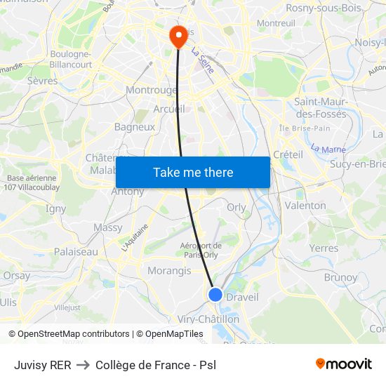 Juvisy RER to Collège de France - Psl map