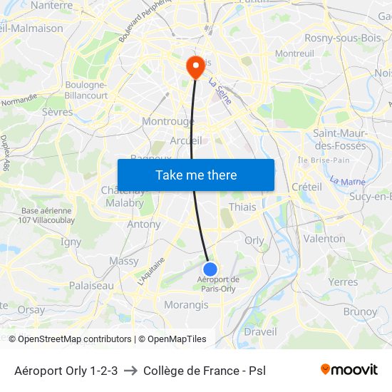 Aéroport Orly 1-2-3 to Collège de France - Psl map