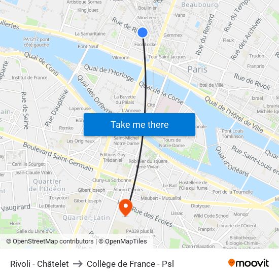 Rivoli - Châtelet to Collège de France - Psl map