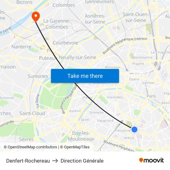 Denfert-Rochereau to Direction Générale map