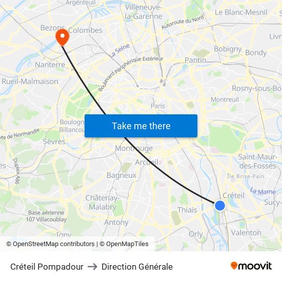 Créteil Pompadour to Direction Générale map