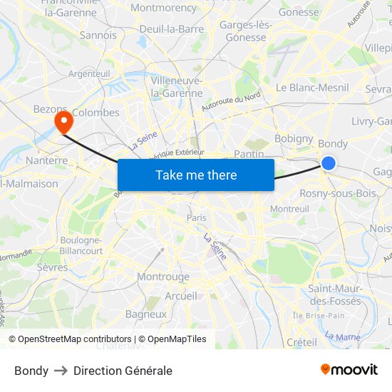 Bondy to Direction Générale map