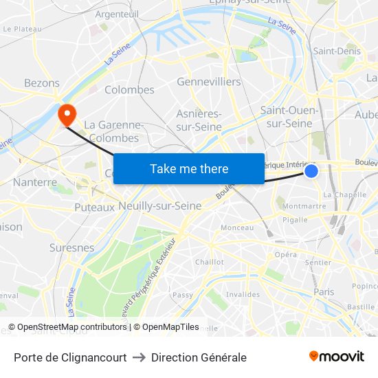 Porte de Clignancourt to Direction Générale map