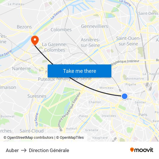 Auber to Direction Générale map