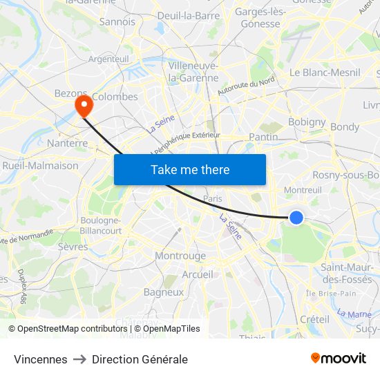 Vincennes to Direction Générale map