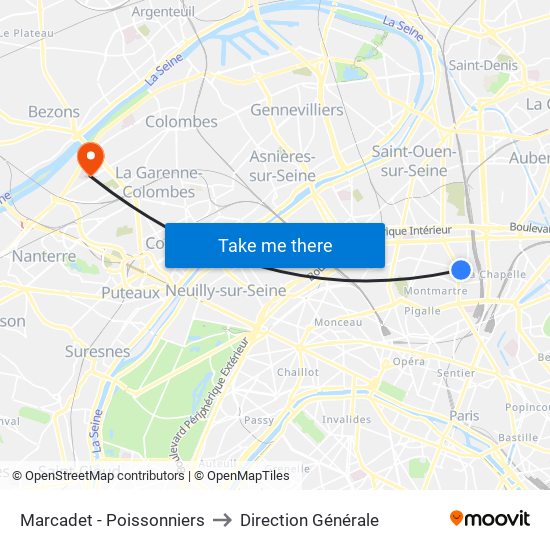 Marcadet - Poissonniers to Direction Générale map