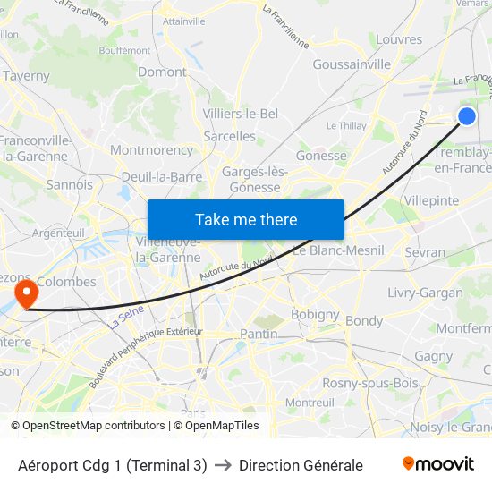 Aéroport Cdg 1 (Terminal 3) to Direction Générale map