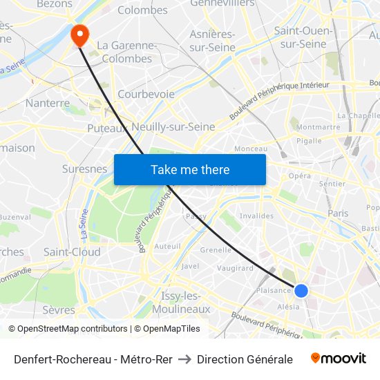 Denfert-Rochereau - Métro-Rer to Direction Générale map