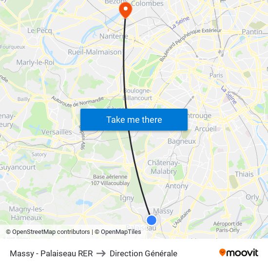Massy - Palaiseau RER to Direction Générale map