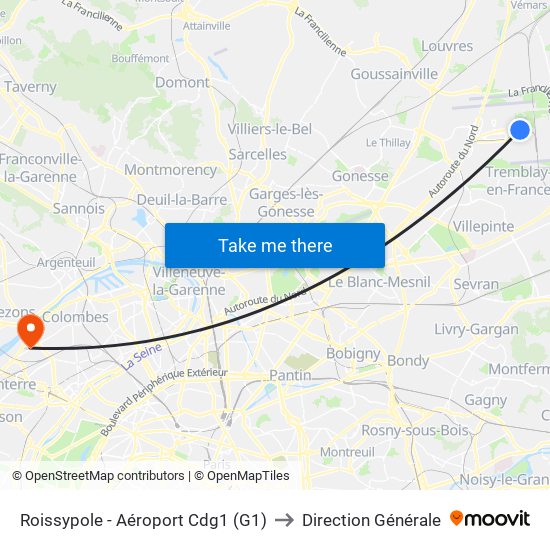 Roissypole - Aéroport Cdg1 (G1) to Direction Générale map