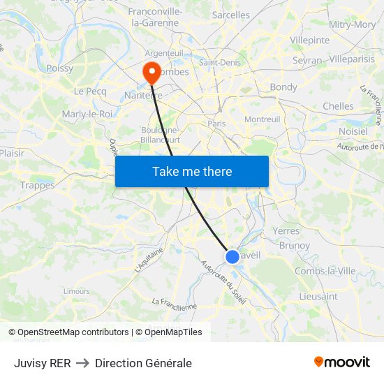 Juvisy RER to Direction Générale map