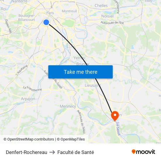 Denfert-Rochereau to Faculté de Santé map