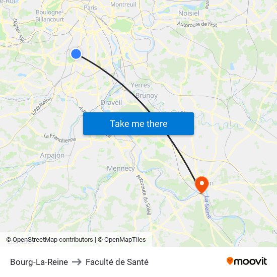 Bourg-La-Reine to Faculté de Santé map