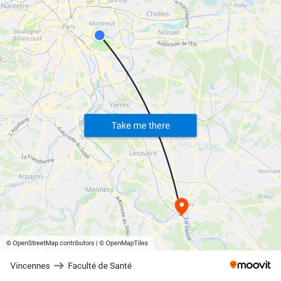 Vincennes to Faculté de Santé map