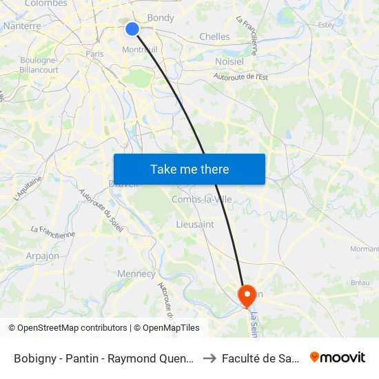 Bobigny - Pantin - Raymond Queneau to Faculté de Santé map
