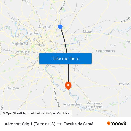 Aéroport Cdg 1 (Terminal 3) to Faculté de Santé map