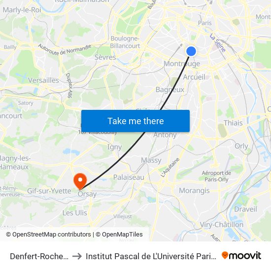 Denfert-Rochereau to Institut Pascal de L'Université Paris-Saclay map