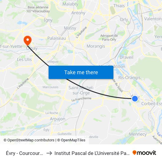 Évry - Courcouronnes to Institut Pascal de L'Université Paris-Saclay map