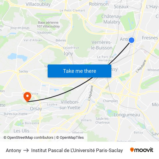 Antony to Institut Pascal de L'Université Paris-Saclay map