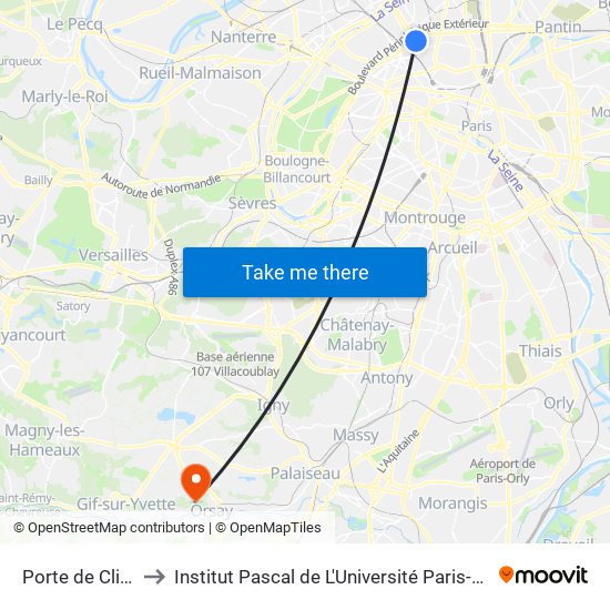 Porte de Clichy to Institut Pascal de L'Université Paris-Saclay map