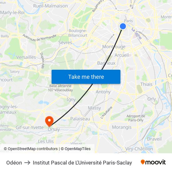 Odéon to Institut Pascal de L'Université Paris-Saclay map