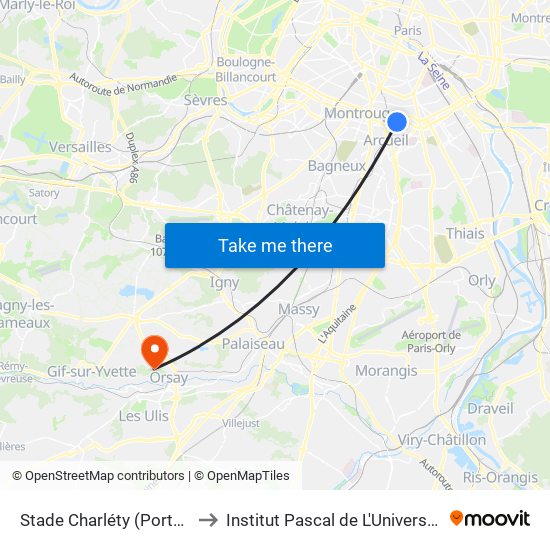 Stade Charléty (Porte de Gentilly) to Institut Pascal de L'Université Paris-Saclay map