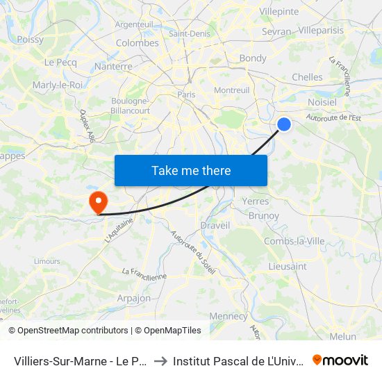 Villiers-Sur-Marne - Le Plessis-Trévise RER to Institut Pascal de L'Université Paris-Saclay map