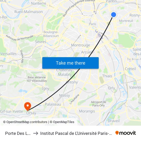 Porte Des Lilas to Institut Pascal de L'Université Paris-Saclay map