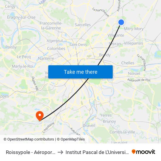 Roissypole - Aéroport Cdg1 (D1) to Institut Pascal de L'Université Paris-Saclay map