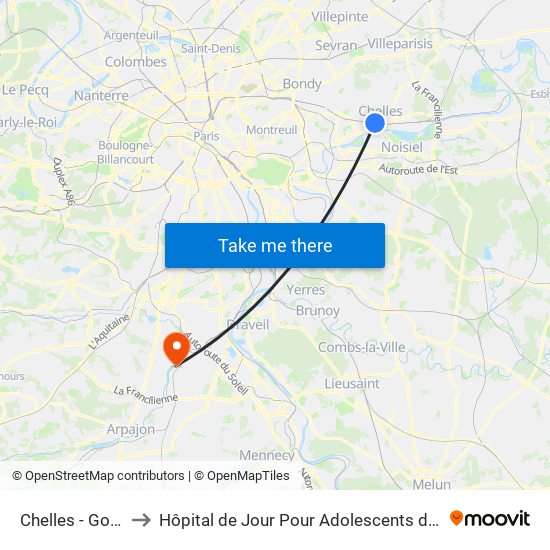 Chelles - Gournay to Hôpital de Jour Pour Adolescents de L'Essonne map