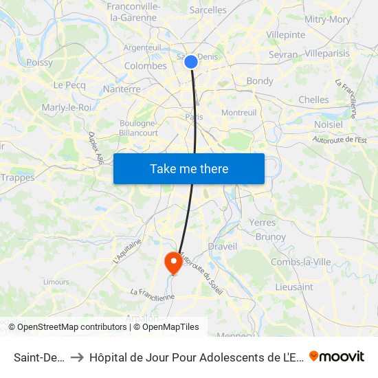 Saint-Denis to Hôpital de Jour Pour Adolescents de L'Essonne map