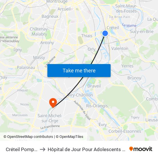 Créteil Pompadour to Hôpital de Jour Pour Adolescents de L'Essonne map