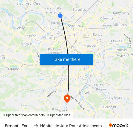 Ermont - Eaubonne to Hôpital de Jour Pour Adolescents de L'Essonne map