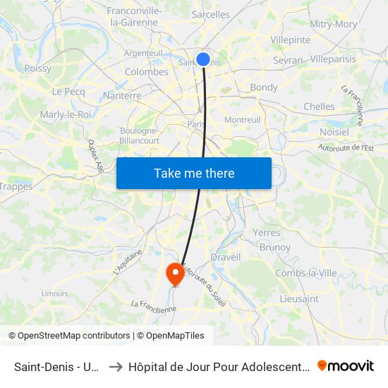Saint-Denis - Université to Hôpital de Jour Pour Adolescents de L'Essonne map