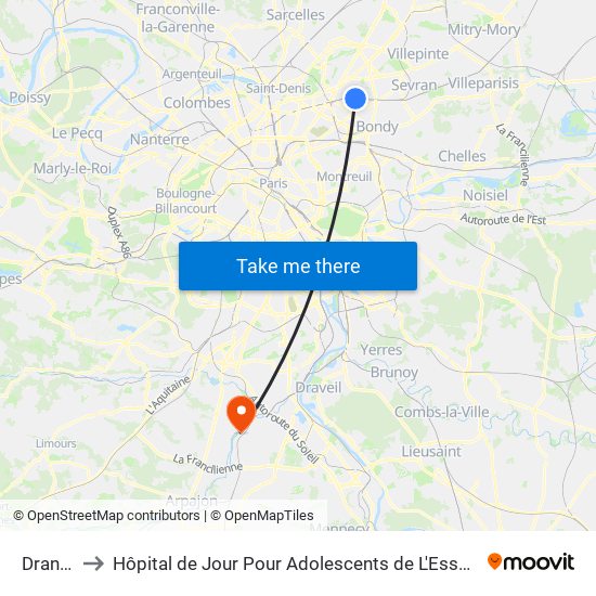 Drancy to Hôpital de Jour Pour Adolescents de L'Essonne map