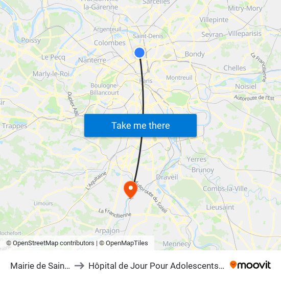 Mairie de Saint-Ouen to Hôpital de Jour Pour Adolescents de L'Essonne map