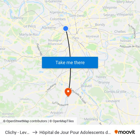 Clichy - Levallois to Hôpital de Jour Pour Adolescents de L'Essonne map
