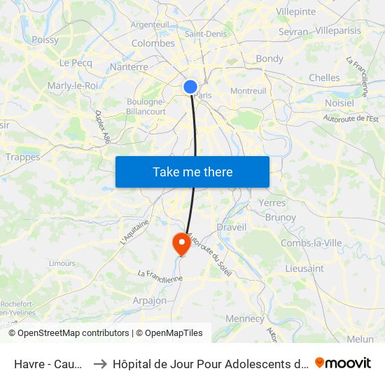 Havre - Caumartin to Hôpital de Jour Pour Adolescents de L'Essonne map