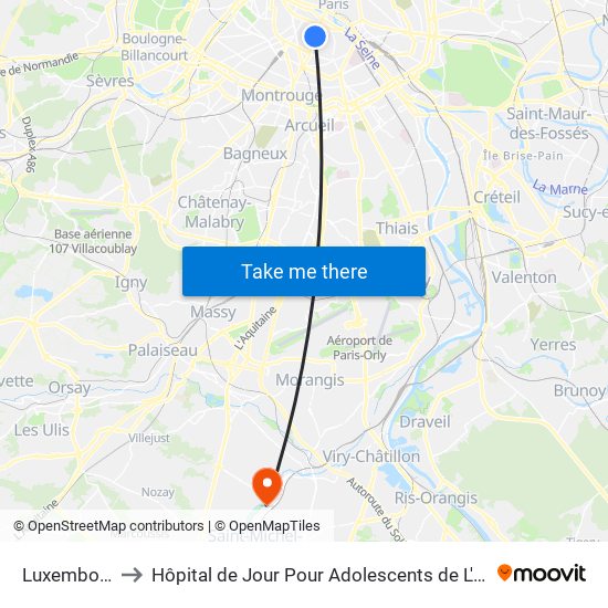 Luxembourg to Hôpital de Jour Pour Adolescents de L'Essonne map