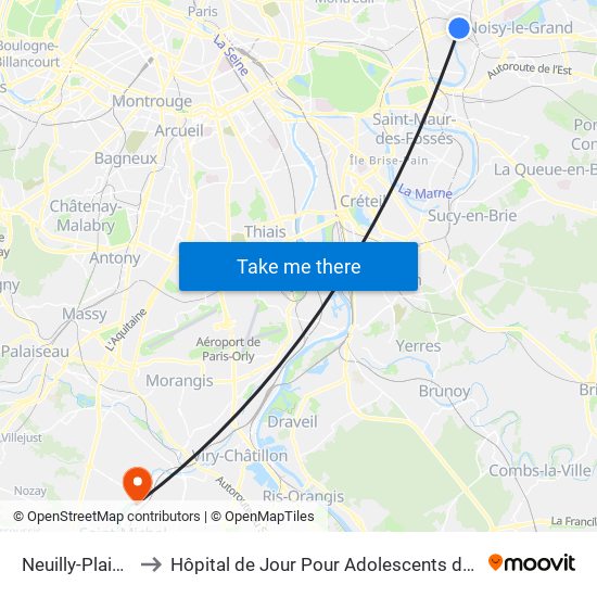 Neuilly-Plaisance to Hôpital de Jour Pour Adolescents de L'Essonne map