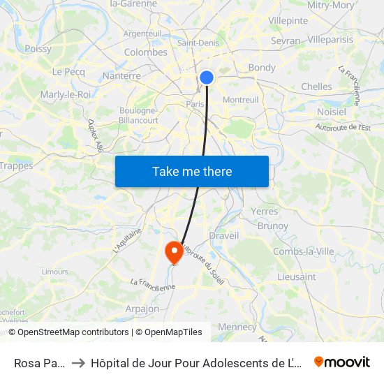 Rosa Parks to Hôpital de Jour Pour Adolescents de L'Essonne map