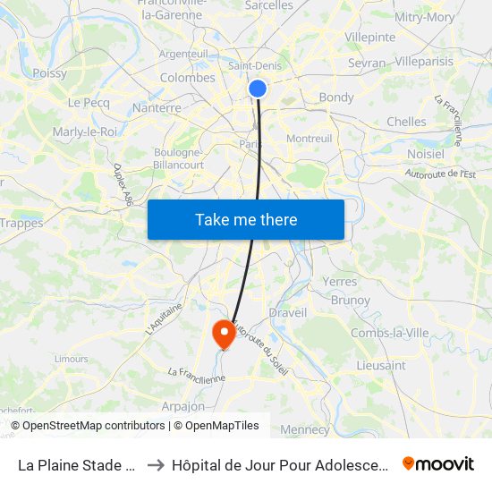 La Plaine Stade de France to Hôpital de Jour Pour Adolescents de L'Essonne map