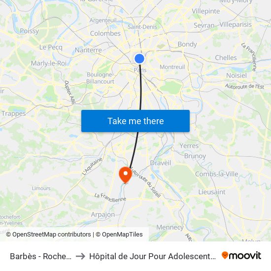 Barbès - Rochechouart to Hôpital de Jour Pour Adolescents de L'Essonne map