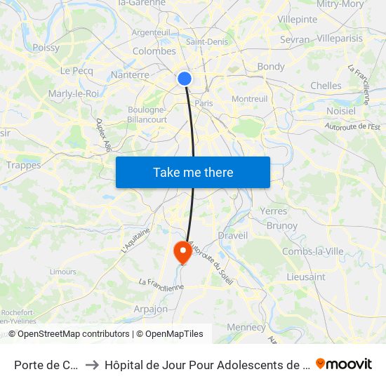 Porte de Clichy to Hôpital de Jour Pour Adolescents de L'Essonne map