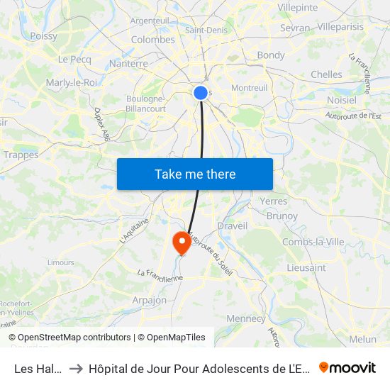 Les Halles to Hôpital de Jour Pour Adolescents de L'Essonne map