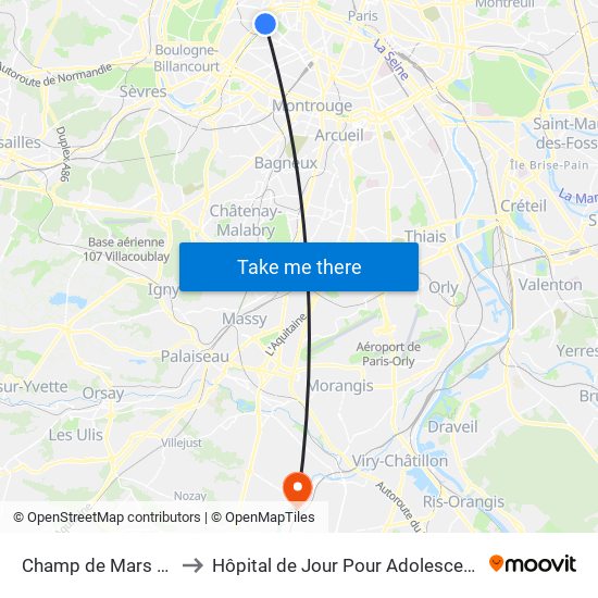 Champ de Mars Tour Eiffel to Hôpital de Jour Pour Adolescents de L'Essonne map