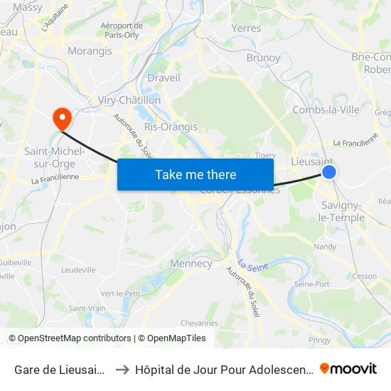 Gare de Lieusaint Moissy to Hôpital de Jour Pour Adolescents de L'Essonne map